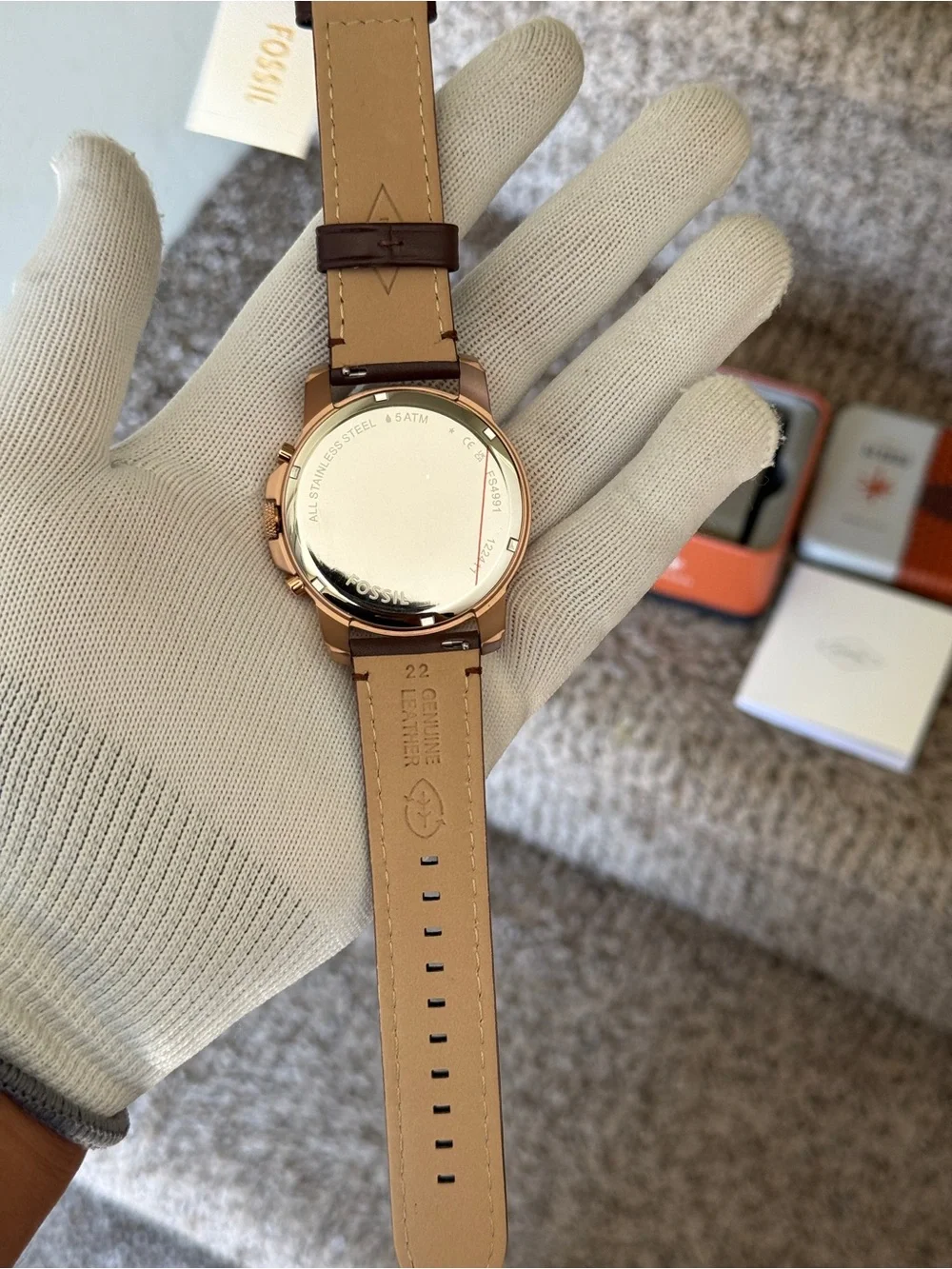 Fossil Rose Gold and Brown Leather Chronograph Watch Mens